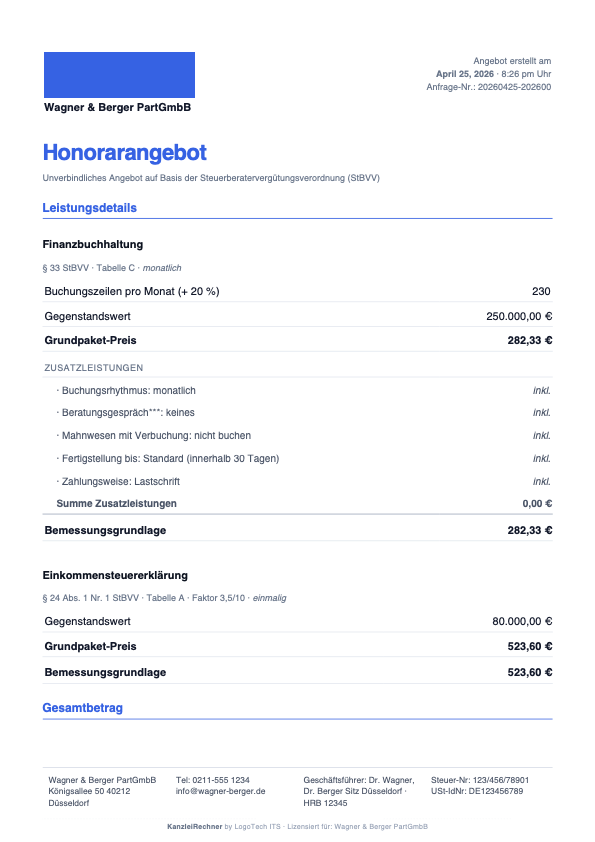 Beispiel-Honorarangebot als PDF mit Multi-Modul-Berechnung, Footer-Blöcken und Lizenz-Tag
